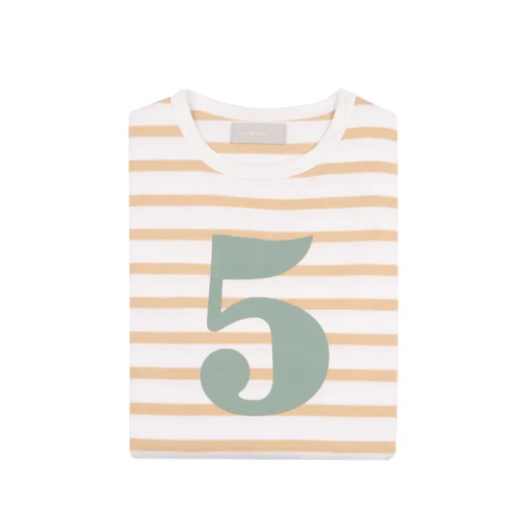 Bob & Blossom Number T-Shirts | Biscuit, White & Green Striped